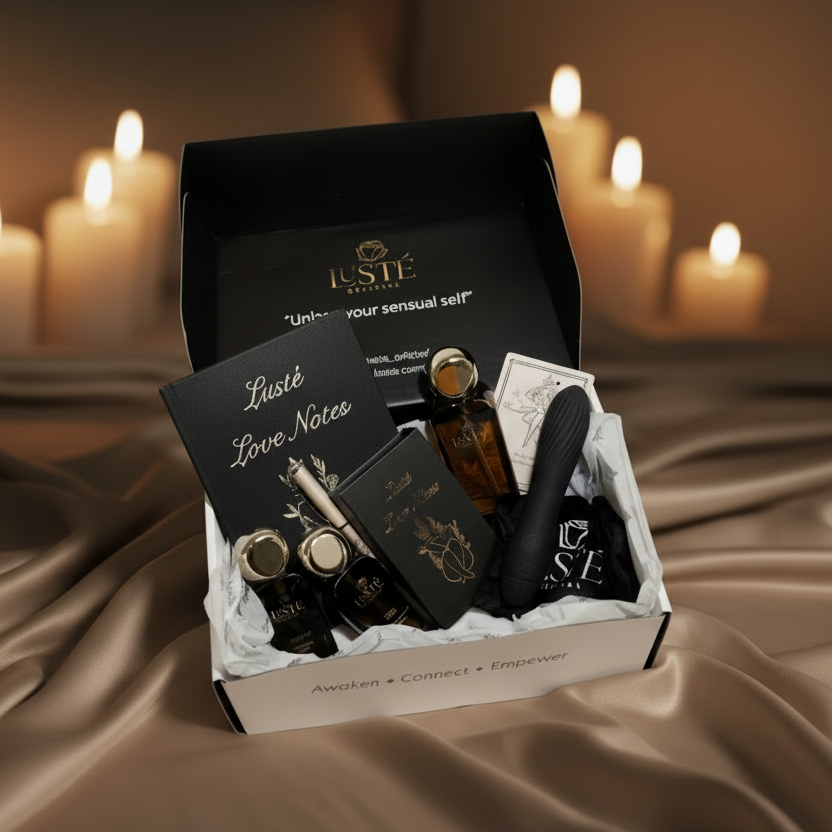 Collection of Lusté products including Reclaim toy,  journal, affirmation cards, lubricant, oil and toy cleaner in a custom branded box.