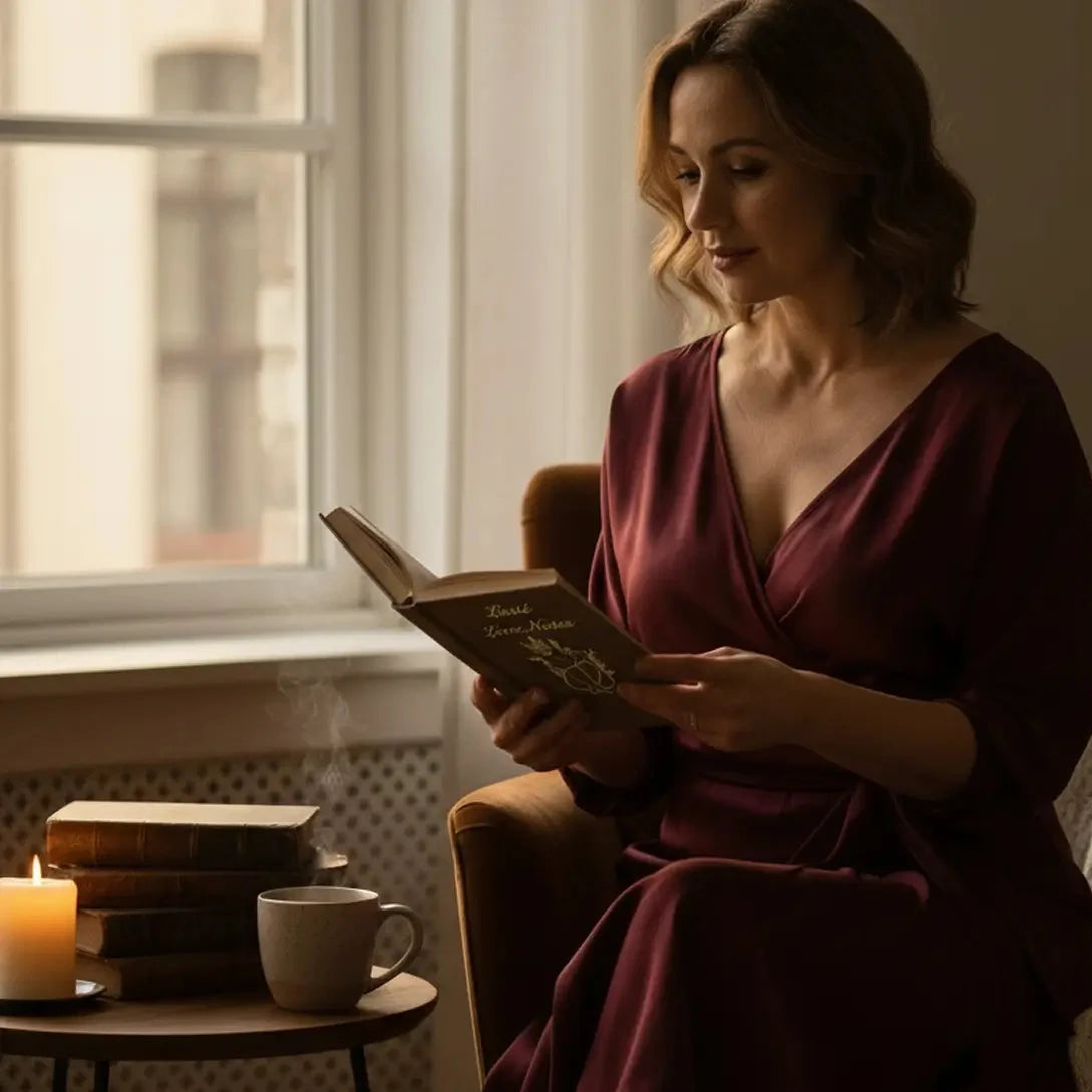 Woman in a red dress reading a book in a cozy room with a window and candle.