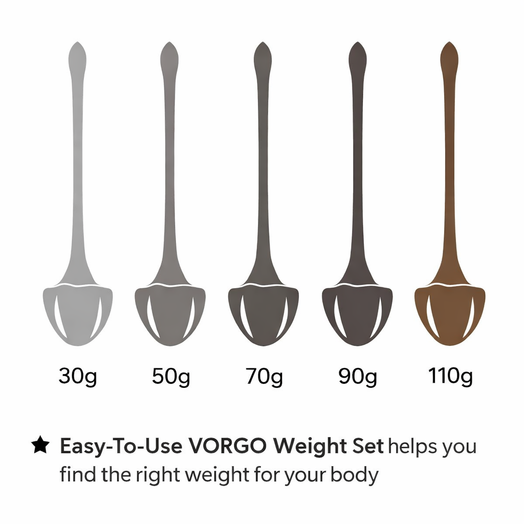 Set of five VORGO kegal weights with labeled weights on a white background