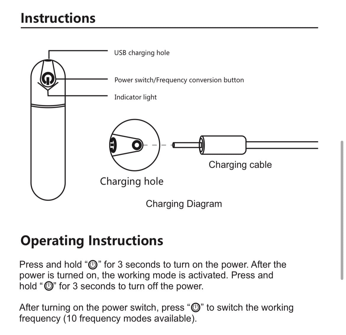 Diagram and operating instructions for the whisper vibrator with labeled parts and steps.